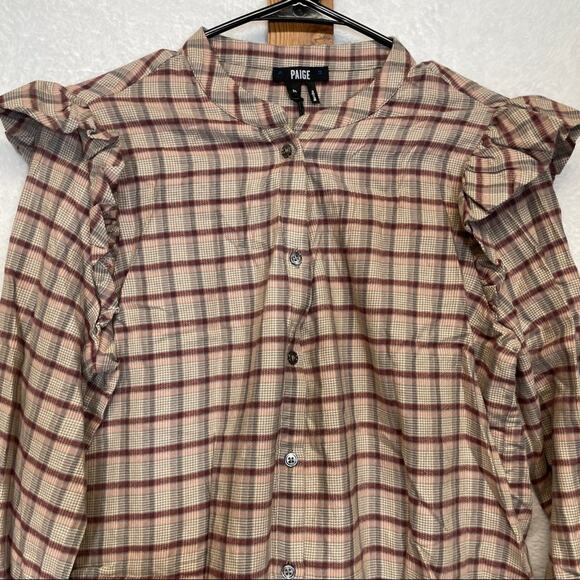 Paige Jenelle Ruffle Shoulders Plaid Long Sleeve Button Down Shirt Size M - Picture 4 of 11